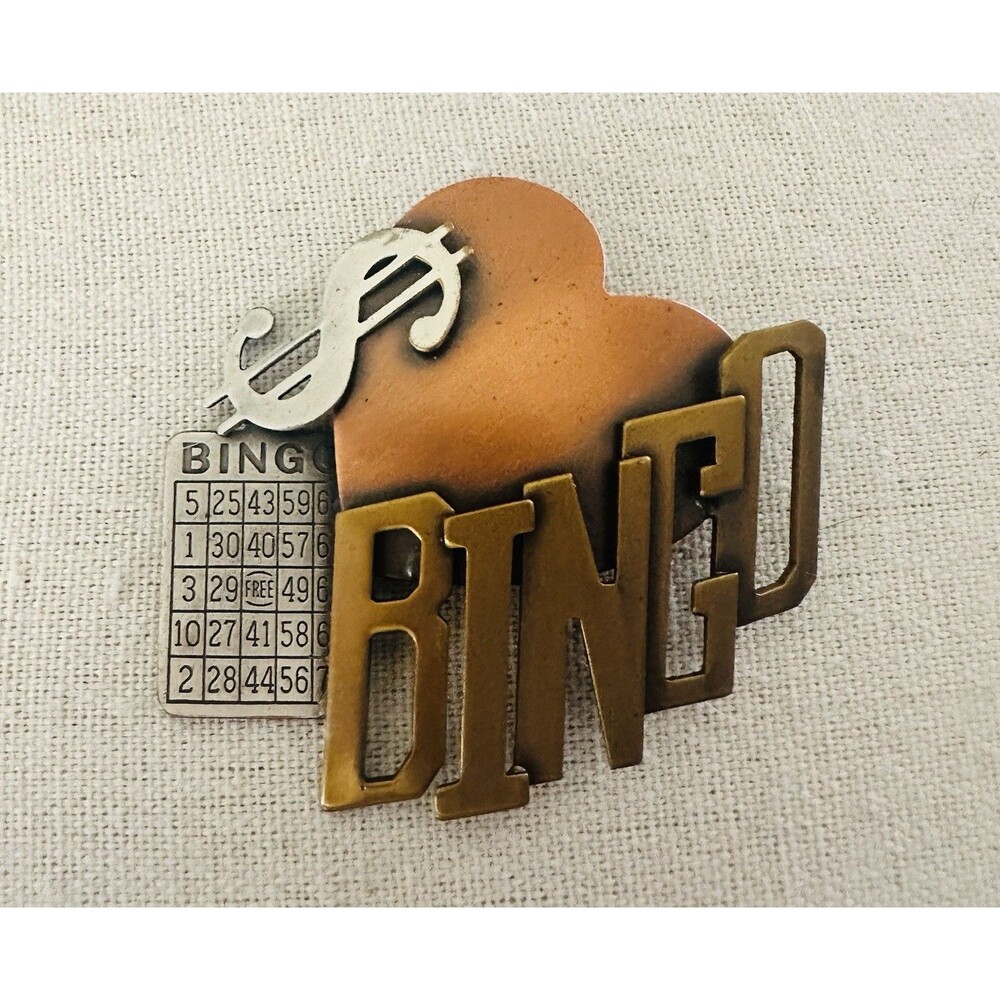 Vintage K&T Bingo Brooch Pin Gold & Silver Tone Novelty Lucky Game Player Signed
